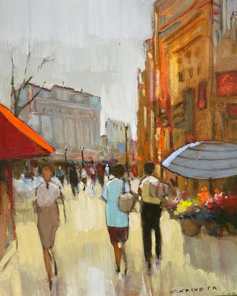 Passeio pela Praça Monastiraki - Óleo sobre tela, 45x40 cm, 2023 - Obra em destaque por Cláudio Caixeta