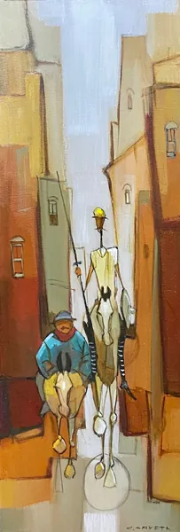 A Busca Eterna de Dom Quixote e Sancho Pança - Óleo sobre tela, 100x35 cm, 2023 - Obra em destaque por Cláudio Caixeta