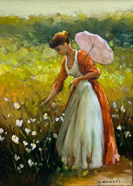 Camponesa no mar de flores - Óleo sobre tela, 70x50 cm, 2023 - Obra em destaque por Cláudio Caixeta