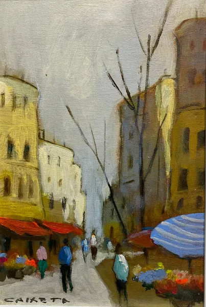 Toldos Escarlates sobre mercado de flores - Óleo sobre tela, 30x20 cm, 2023 - Obra em destaque por Cláudio Caixeta