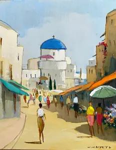 Explorando as belezas de Santorini - Óleo sobre tela, 50x40 cm, 2023 - R$ 3.400,00