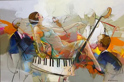 Noite de Jazz nos Anos 20 - Óleo sobre tela, 120x180 cm, 2023 - R$ 9.800,00