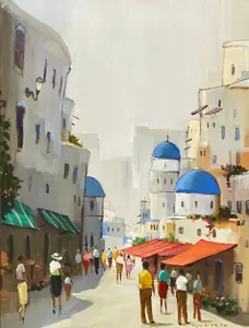 Ruelas Encantadoras de Santorini - Óleo sobre tela, 80x60 cm, 2023 - R$ 4.000,00